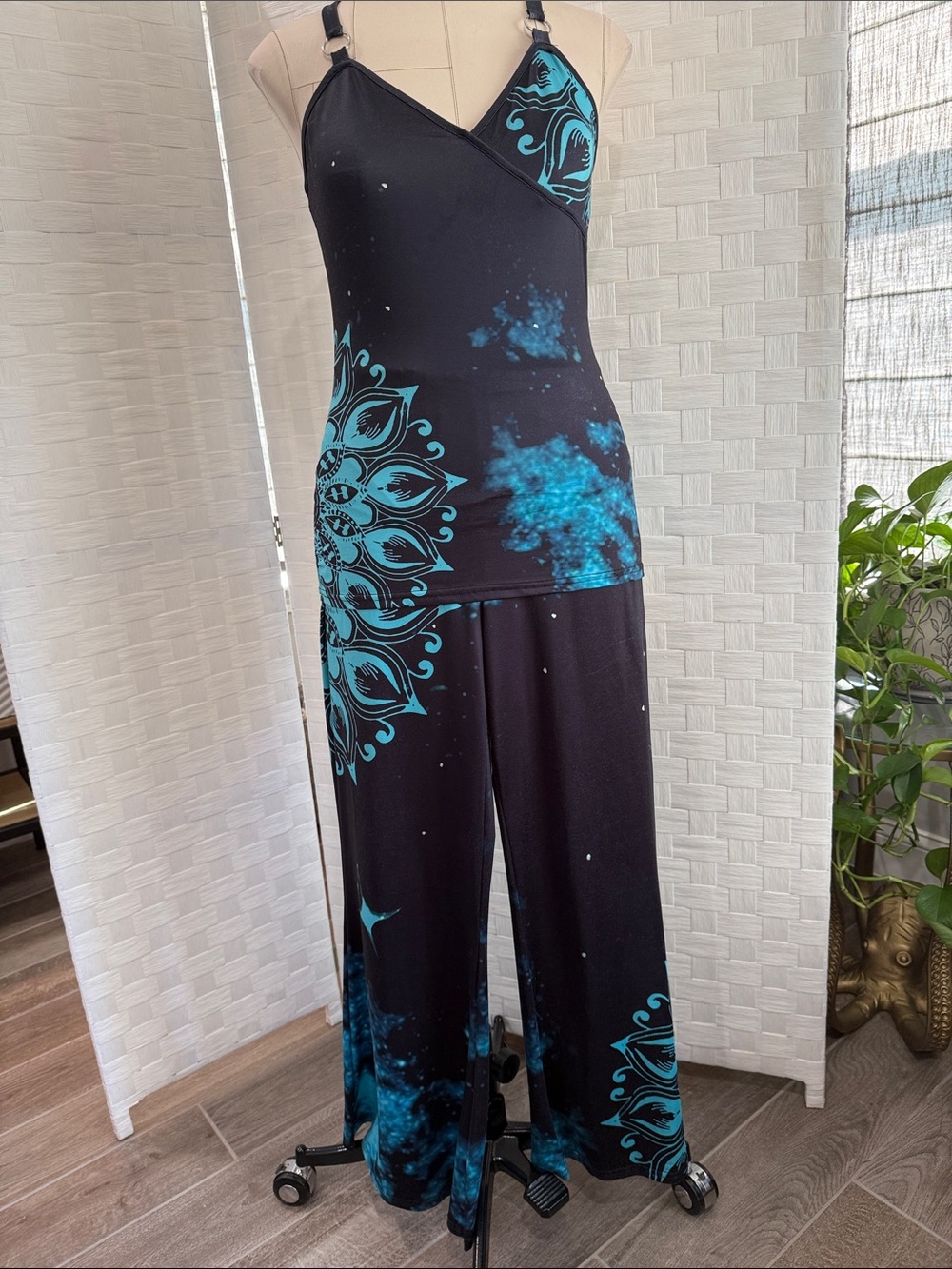 Black & Teal Floral-Print Wide Leg 2 piece Jumpsuit